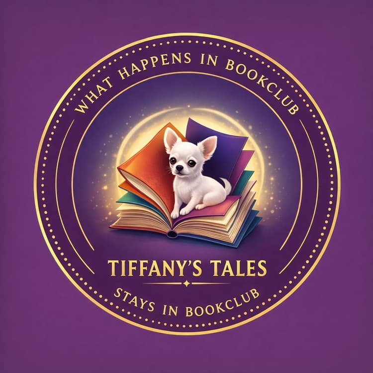 Tiffany's Tales — book club logo featuring a chihuahua on an open book